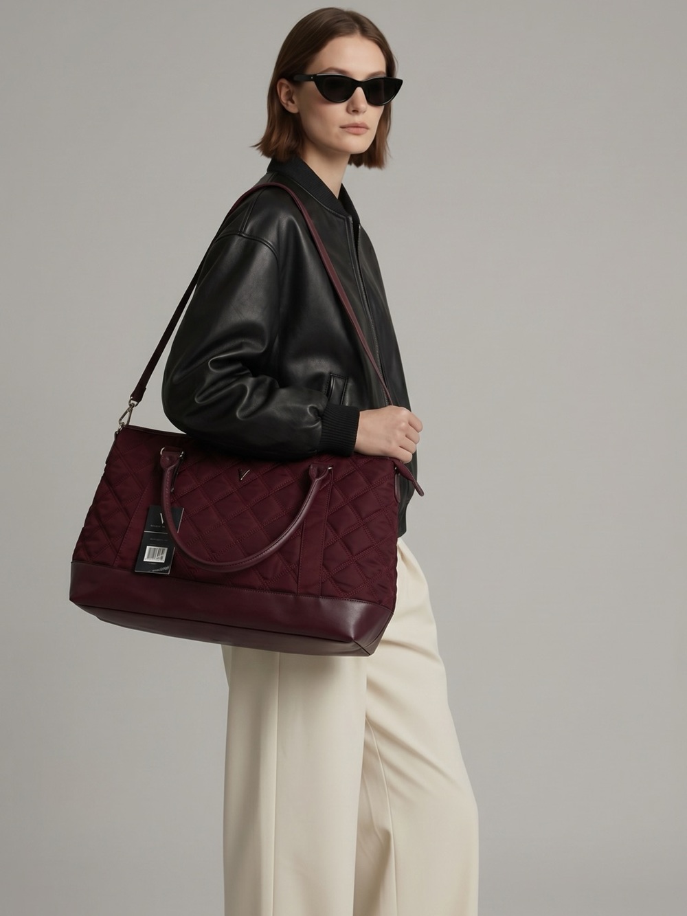 Vanessa Williams Quilted Tote Bag with Faux-Leather Trim in Wine